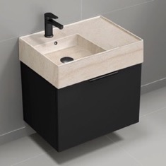 Floating Small Black Bathroom Vanity, Modern, 24 inch, Travertine Style Sink